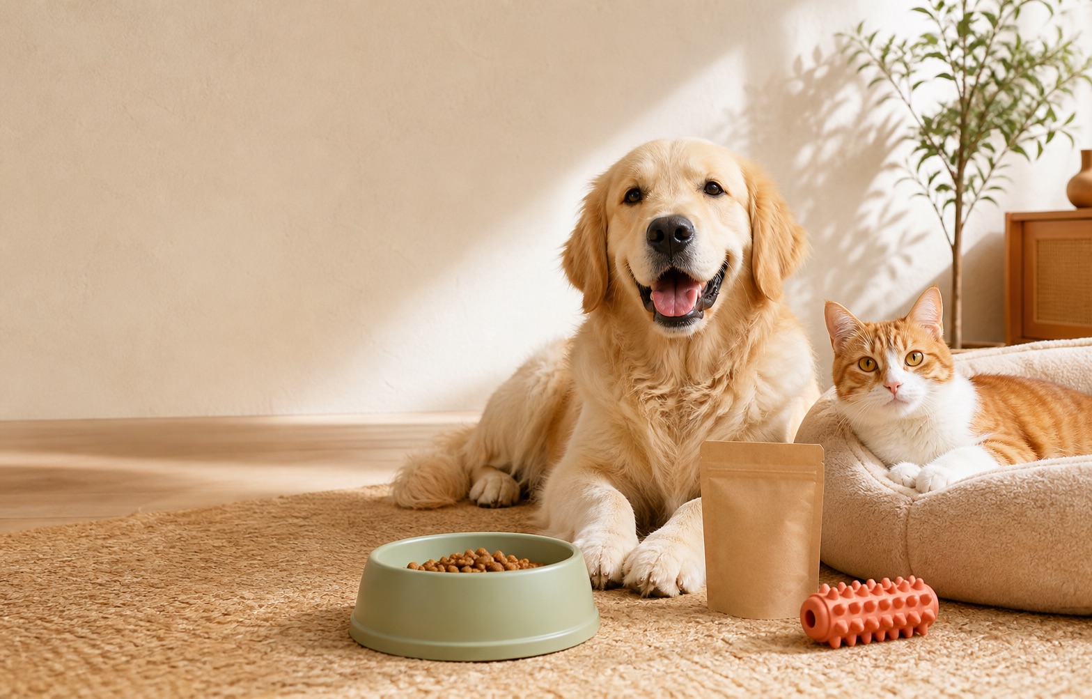 A golden retriever and an orange cat relaxing with thoughtfully designed pet essentials